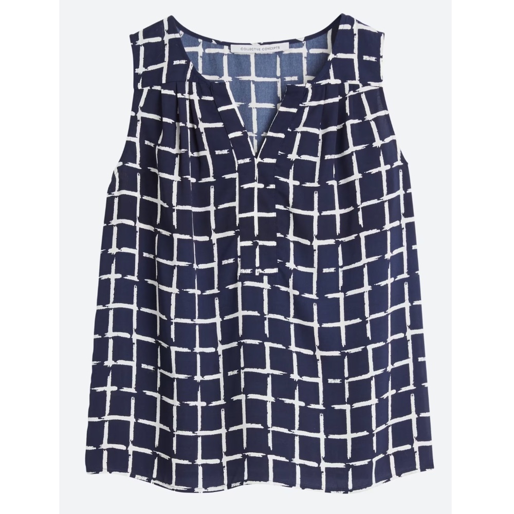 Collective Concepts Salas Split Neck Sleeveless Blouse Navy White XL EUC